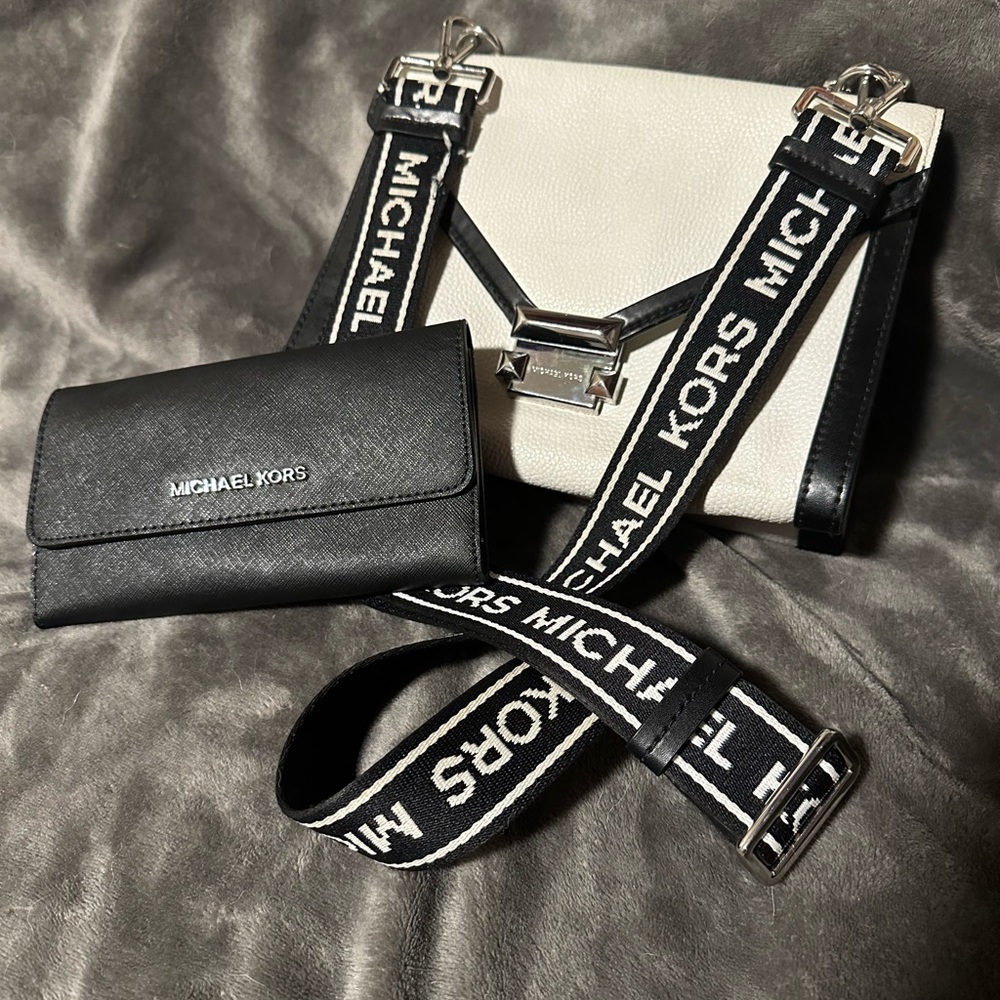 Michael Kors Whitney crossbody handbag black and white with corresponding wallet